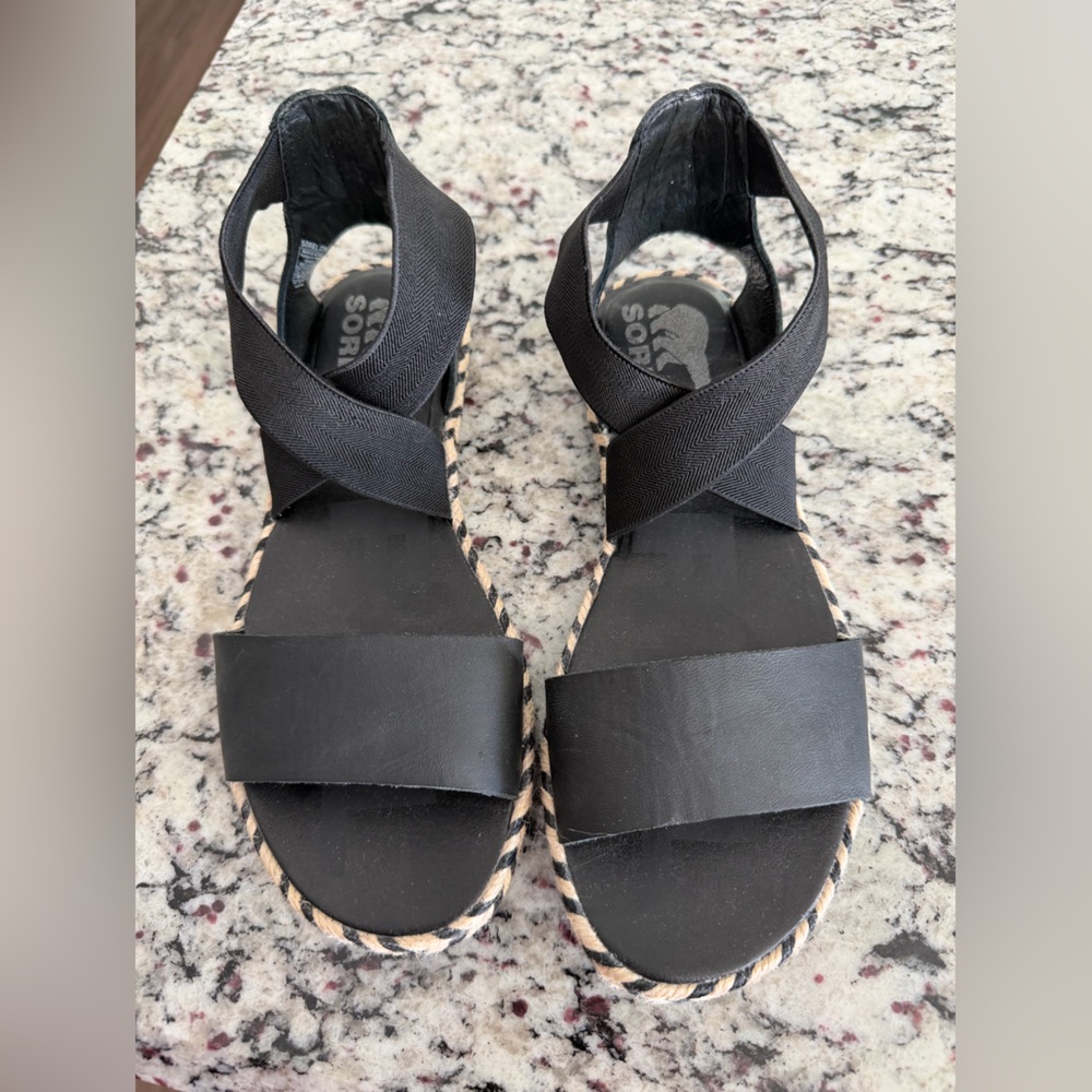 Sorel Ella II Black Leather Strappy Sandals